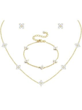 14K Gold Plated Crystal Flower Four Leaf Necklace, Bracelet & Earring Set